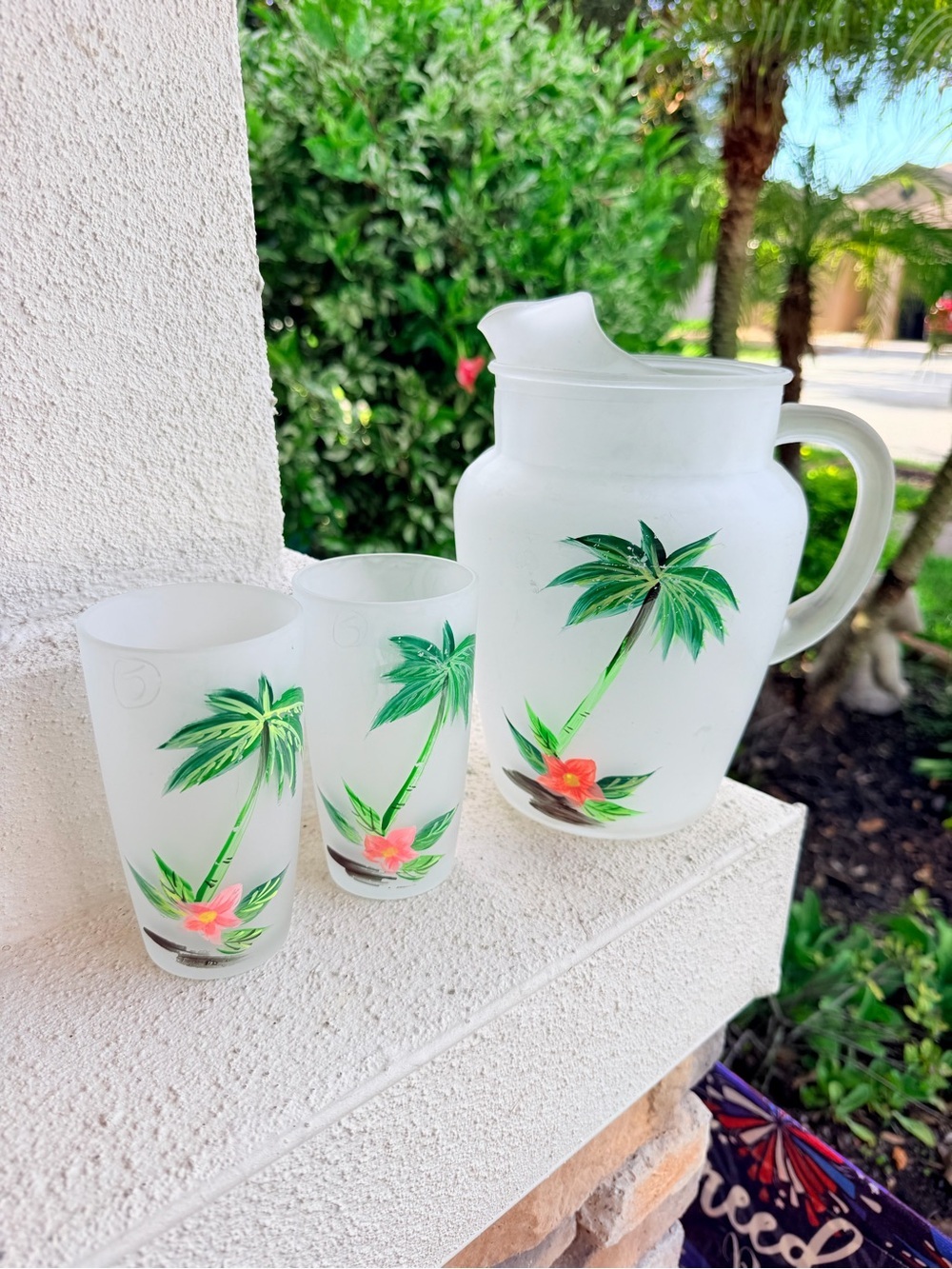 Vintage Frosted Glass Pitcher & 2 Tumblers Hand Painted Palm Trees Tropical MCM